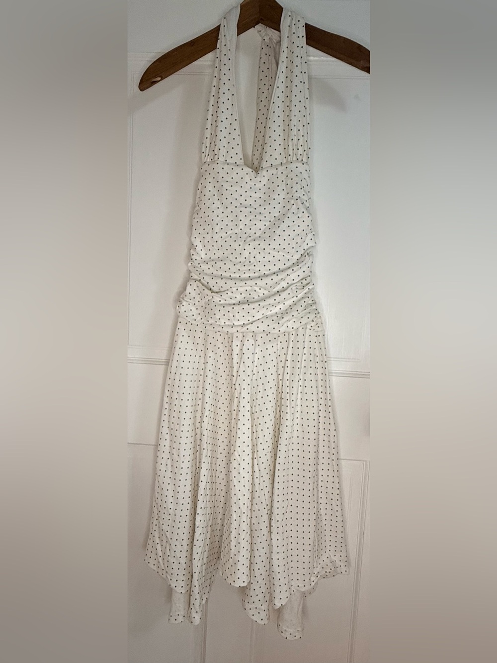 Peppermayo White Halter Midi Dress with Black Polka Dots